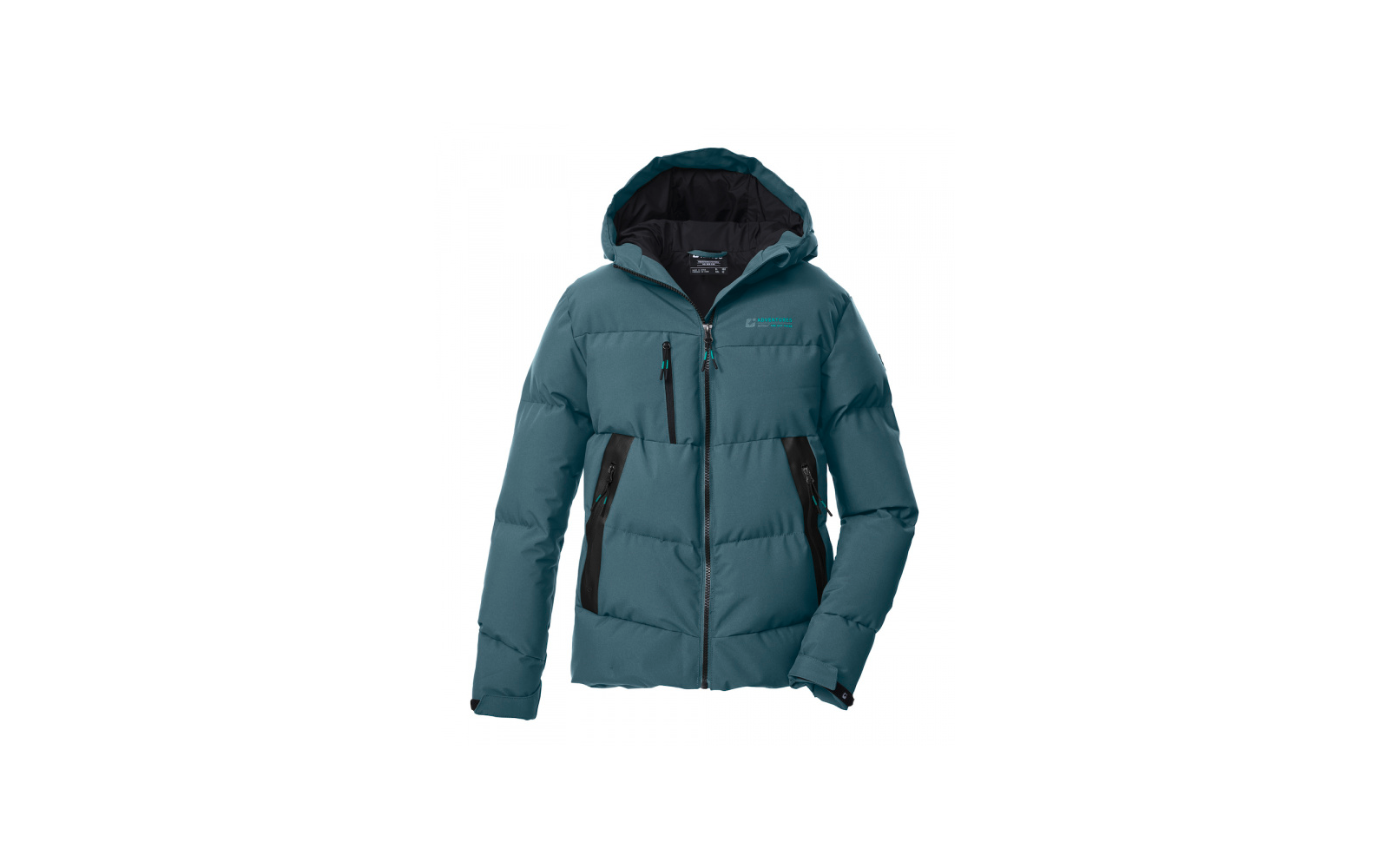 veste matelassée bleu-vert avec capuche, fermeture éclair devant, deux poches latérales zippées et bordures noires