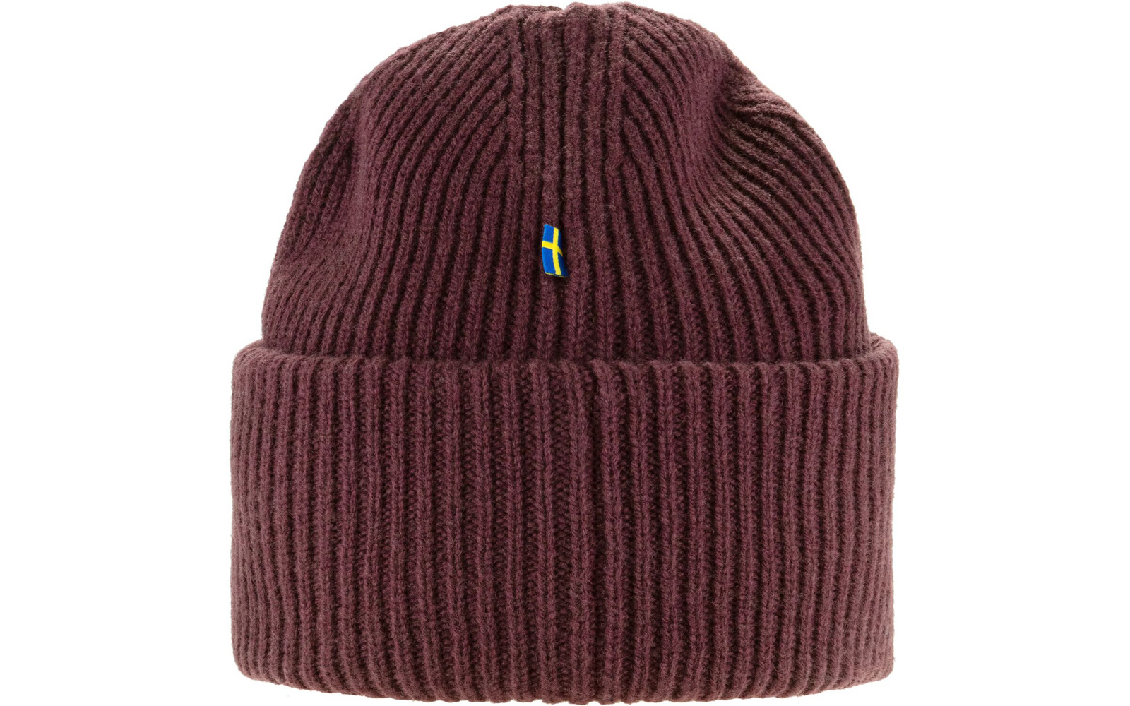 Bordeauxrote, gestrickte Wintermütze mit Umschlag