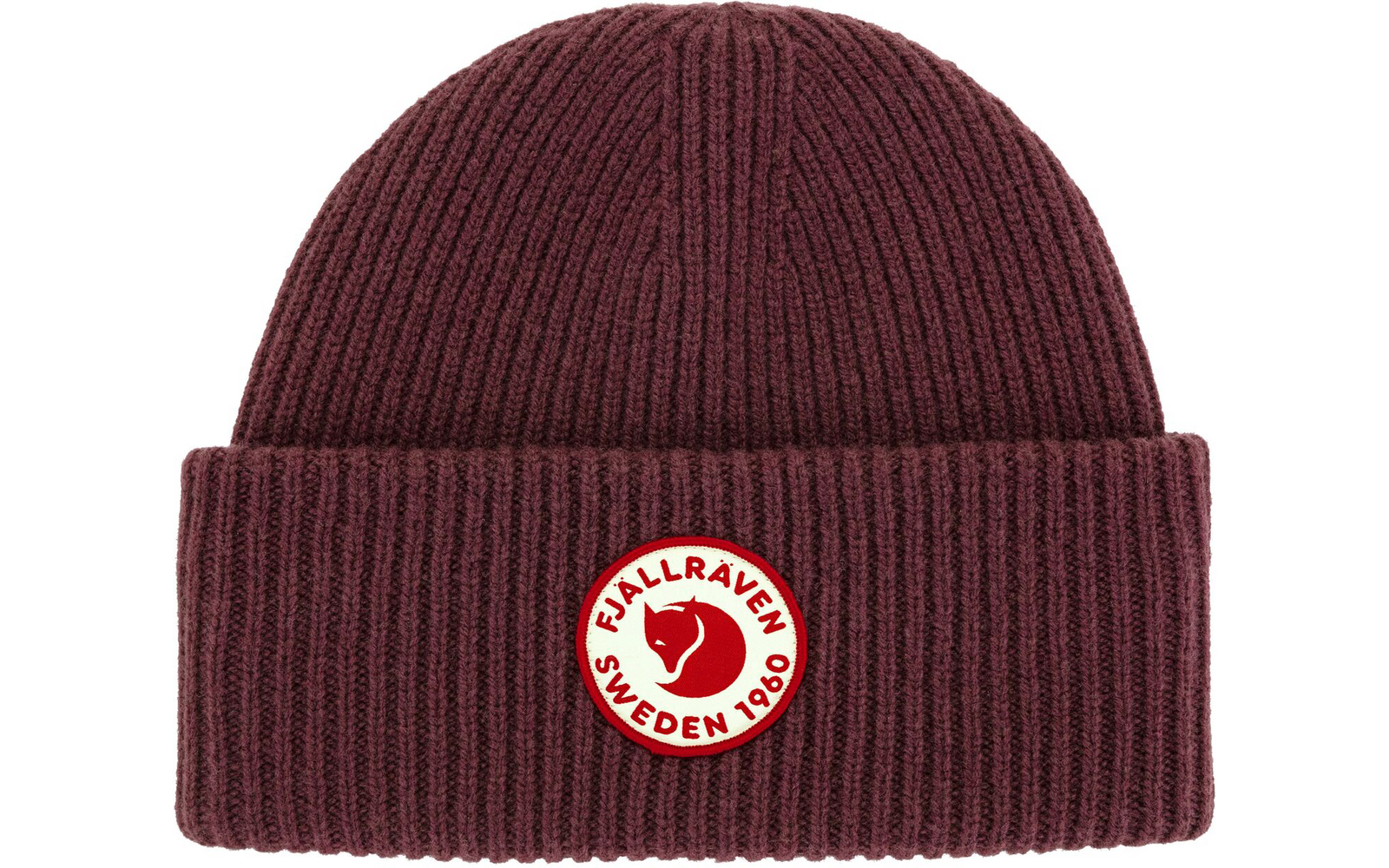 dunkelroter Strickmütze mit aufgesticktem weißen Logo