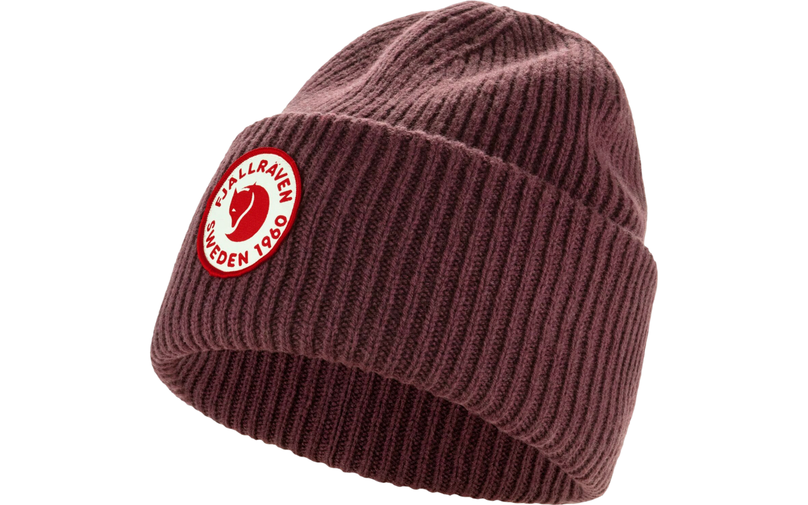 Bruine gebreide muts met een wit rond logo