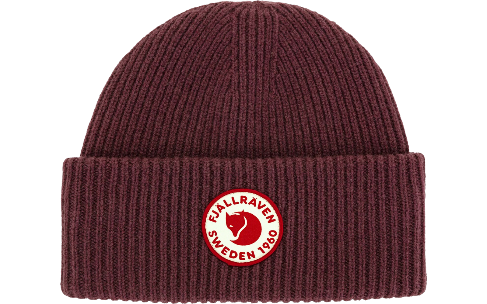 donkerrode gebreide muts met geborduurd wit logo