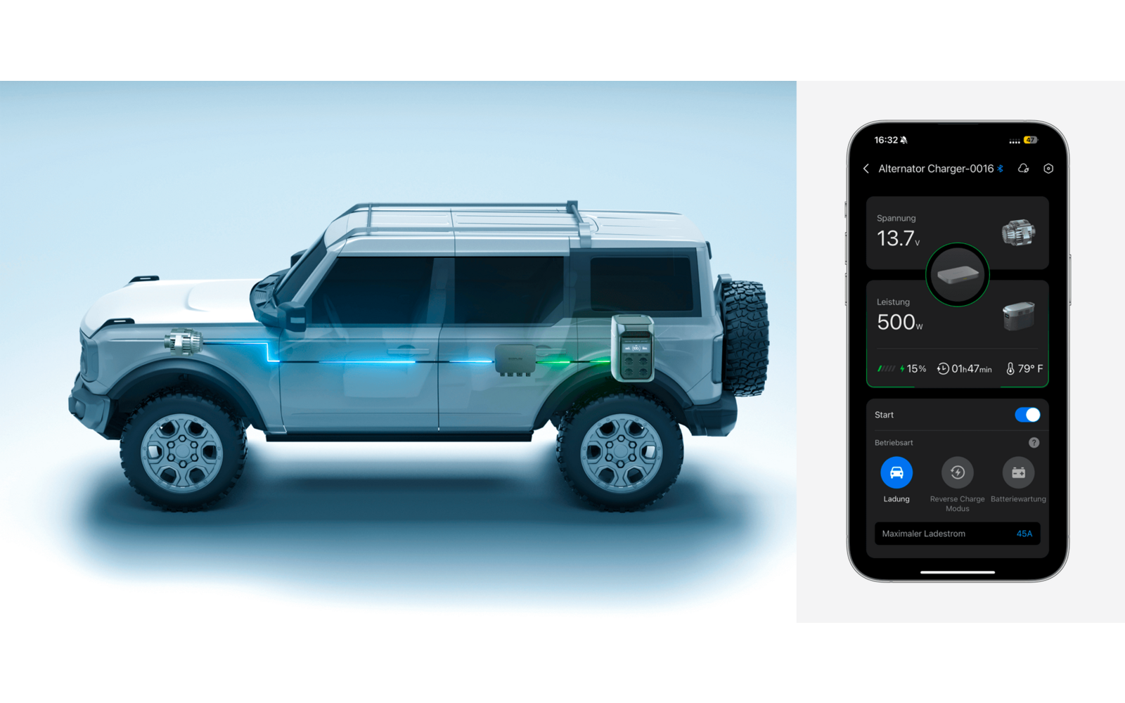 Nebenansicht eines silbernen SUVs mit blauer Beleuchtung und einem Smartphone-Bildschirm, der eine Akkuanzeige zeigt