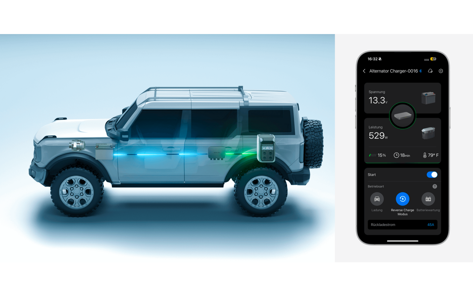 Seitenansicht eines grauen Elektroautos mit blau leuchtenden Linien und ein Smartphone-Bildschirm mit Batterieanzeige und Fahrzeugdaten