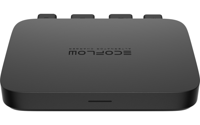 Kleines schwarzes elektronisches Gerät mit abgerundeten Ecken auf weißem Hintergrund