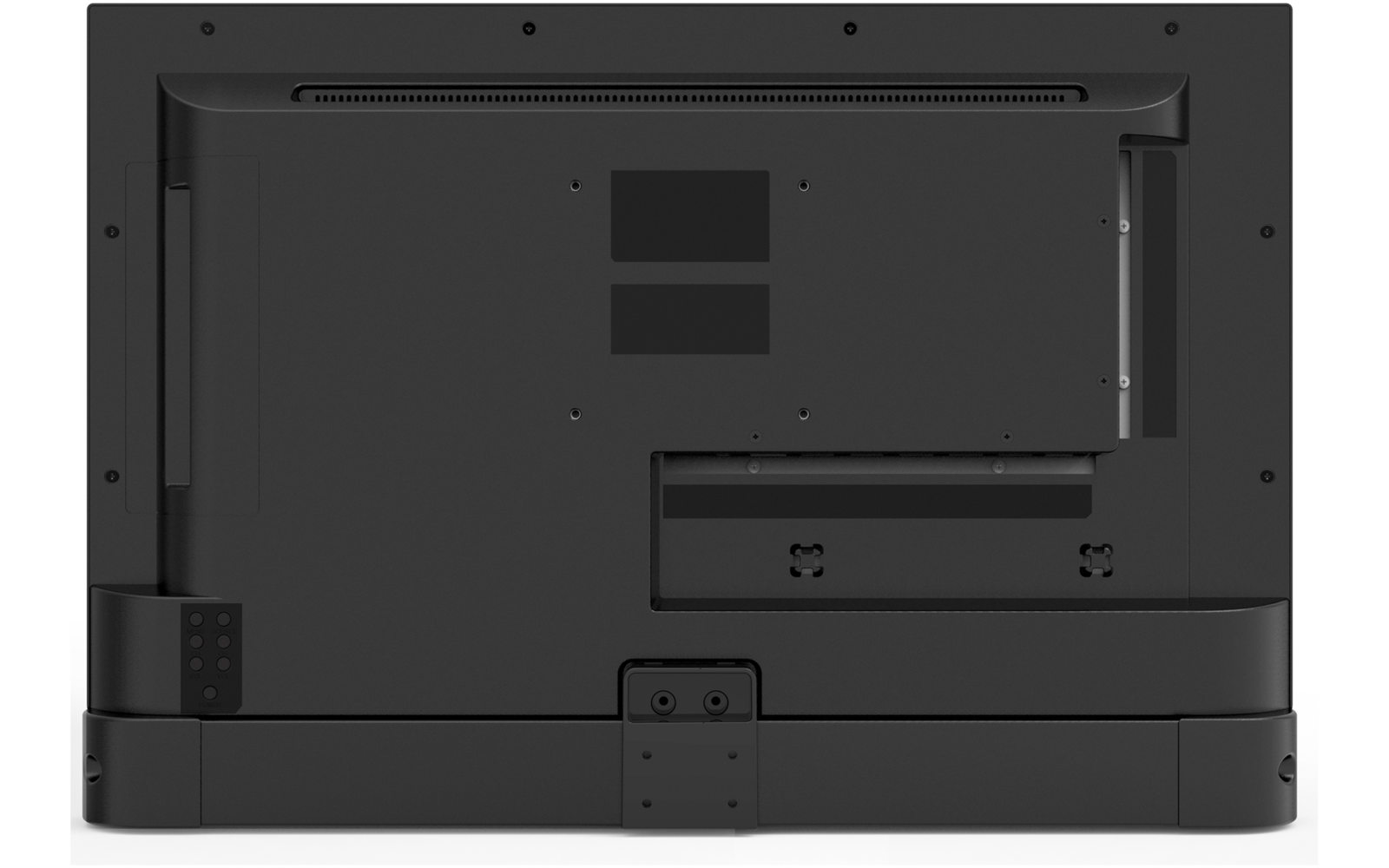 Rückseite eines schwarzen Flachbildschirms mit Lüftungsschlitzen, rechteckigen Aussparungen, Montageplatte und Anschlussfach