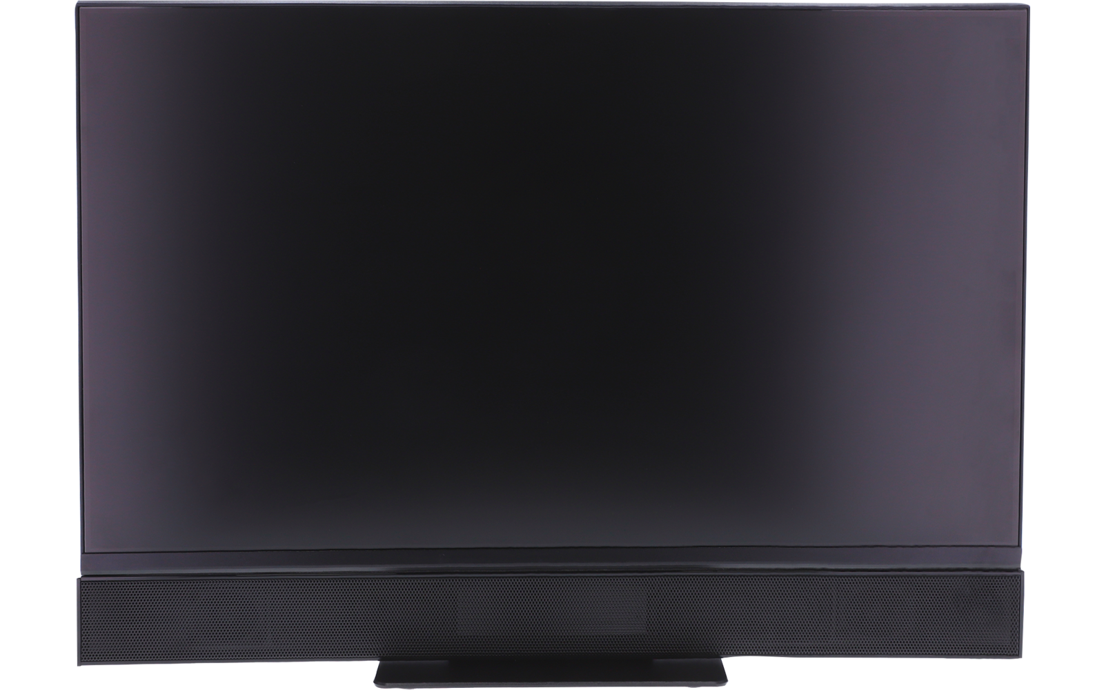Schwarzer rechteckiger Flachbildschirm auf einem Standfuß, mit sichtbarer unterer Leiste