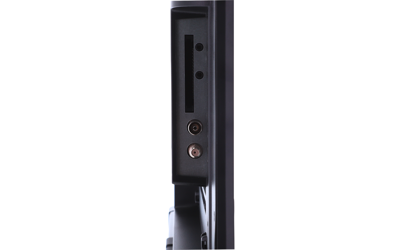Schwarzes Kunststoffseitenteil mit einem schmalen rechteckigen Schlitz, zwei kleinen runden Öffnungen darüber und zwei runden Anschlussbuchsen darunter