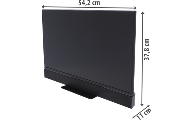 Schwarzer rechteckiger Bildschirm auf flachem Standfuß; sichtbare Maßangaben: 94.2 cm oben, 57.5 cm rechts, 11.8 cm unten rechts
