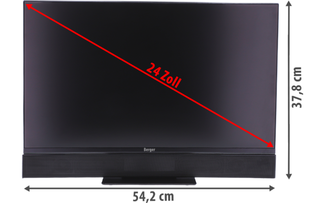 Écran plat noir sur un pied avec une barre haut-parleur en dessous; flèche diagonale rouge sur l'écran portant la mention '24 Zoll'; flèche horizontale grise en dessous indiquant '54,2 cm'; flèche verticale grise à droite indiquant '32,4 cm'