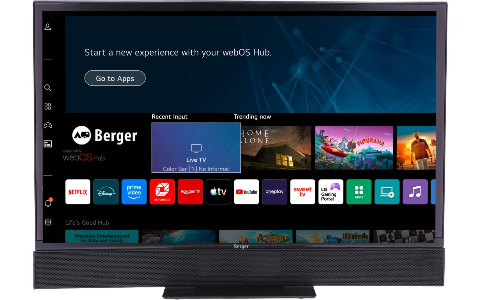 Écran plat de télévision affichant l'écran d'accueil webOS Hub ; à gauche le logo 'Berger', en haut le texte 'Start a new experience with your webOS Hub.' et le bouton 'Go to Apps' ; rangée d'icônes d'apps (Netflix, Disney+, Prime Video, YouTube, Apple TV) et vignettes de prévisualisation ; socle haut-parleur noir en bas