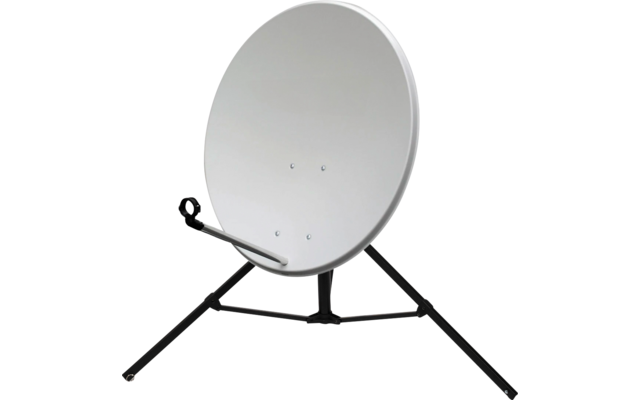 Graue runde Satellitenschüssel auf schwarzem Dreibein-Stativ mit Auslegerarm