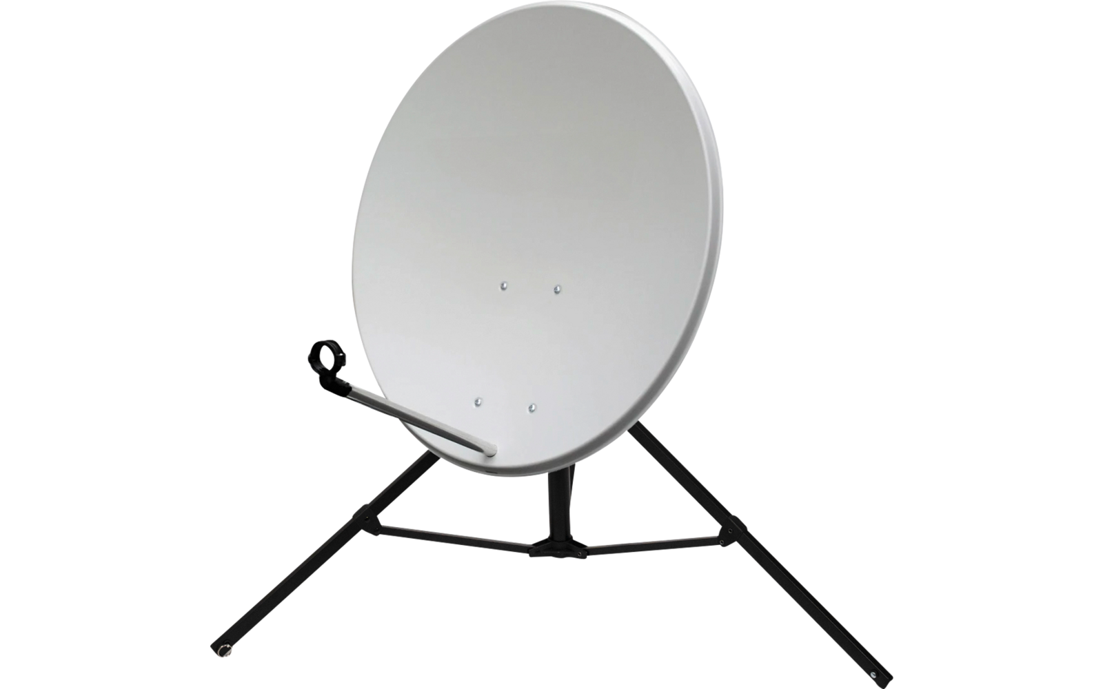 Graue runde Satellitenschüssel auf schwarzem Dreibein-Stativ mit Auslegerarm