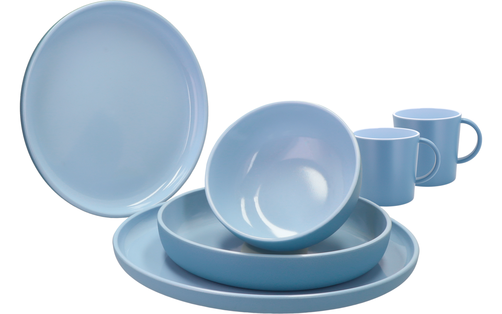 Service de vaisselle bleu clair avec deux tasses, trois assiettes et deux bols sur fond blanc