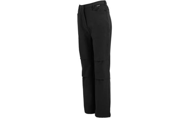 Schwarze lange Hose, leicht seitlich-vorne gezeigt, seitliche Reißverschlusstasche, kleines rechteckiges Logoetikett am Bund, sichtbare Nähte und Knieabnäher, weißer Hintergrund