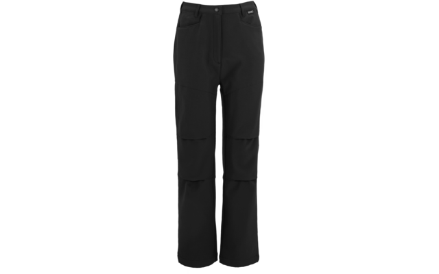 Schwarze lange Hose mit Bundknopf und Reißverschluss, zwei vordere Taschen, sichtbare Knieeinsätze, leicht ausgestellte Beine, kleines Markenlogo am rechten Bund