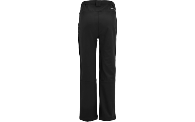 Schwarze Hose, Rückansicht, elastischer Bund mit Gürtelschlaufen, sichtbare Nähte, leicht ausgestellte Hosenbeine, kleines weißes Logo an einer Hüftseite, glatter Stoff