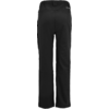 Schwarze Hose, Rückansicht, elastischer Bund mit Gürtelschlaufen, sichtbare Nähte, leicht ausgestellte Hosenbeine, kleines weißes Logo an einer Hüftseite, glatter Stoff