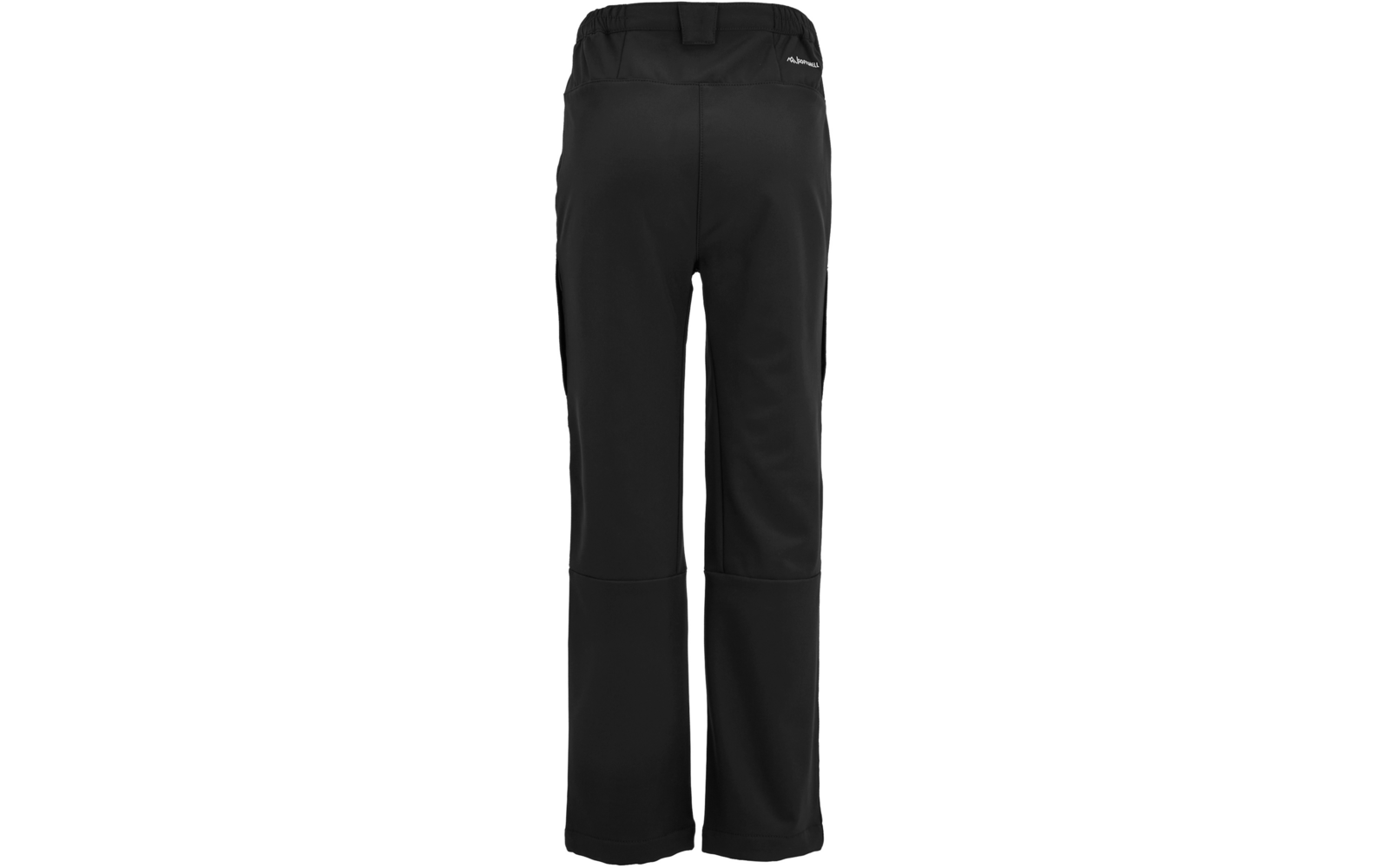 Schwarze Hose, Rückansicht, elastischer Bund mit Gürtelschlaufen, sichtbare Nähte, leicht ausgestellte Hosenbeine, kleines weißes Logo an einer Hüftseite, glatter Stoff