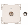 Weiße quadratische Abdeckplatte mit der Beschriftung "TV", zentraler Koaxialbuchse und loser Gewindemutter rechts