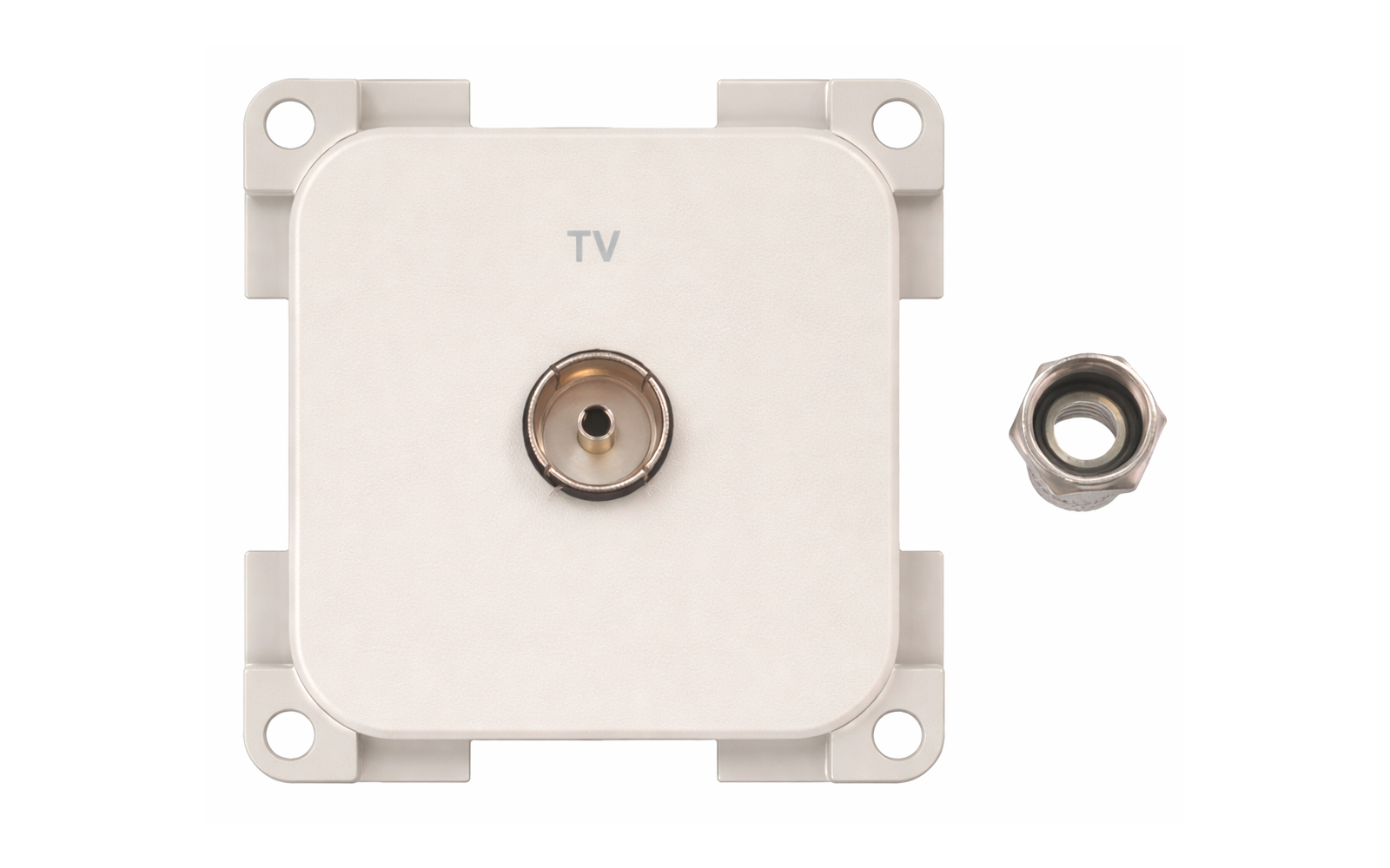 Weiße quadratische Abdeckplatte mit der Beschriftung "TV", zentraler Koaxialbuchse und loser Gewindemutter rechts