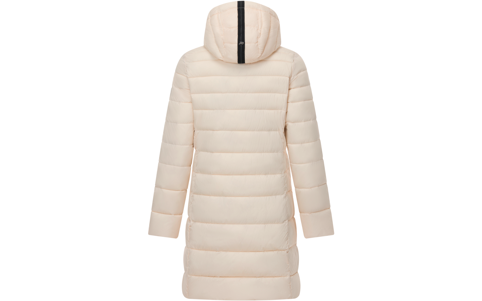 Vista posteriore di un cappotto lungo imbottito beige chiaro con cappuccio e una striscia verticale nera sul cappuccio