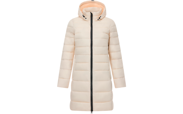 Cappotto lungo imbottito color crema chiaro con cappuccio, cuciture orizzontali e cerniera nera a tutta lunghezza