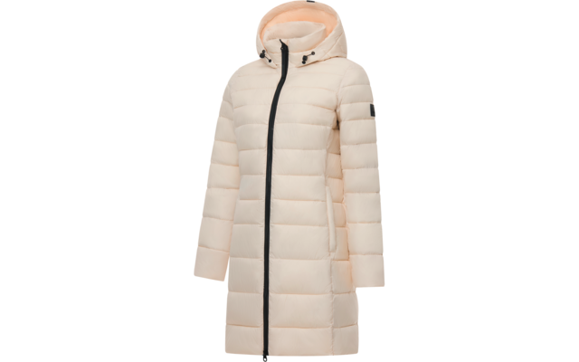 Cappotto trapuntato lungo beige chiaro con cappuccio, cerniera nera frontale, tasche laterali, toppa nera sulla manica
