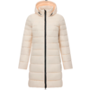 Cappotto lungo imbottito color crema chiaro con cappuccio, cuciture orizzontali e cerniera nera a tutta lunghezza