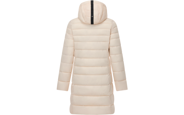 Vista posteriore di un cappotto lungo imbottito beige chiaro con cappuccio e una striscia verticale nera sul cappuccio