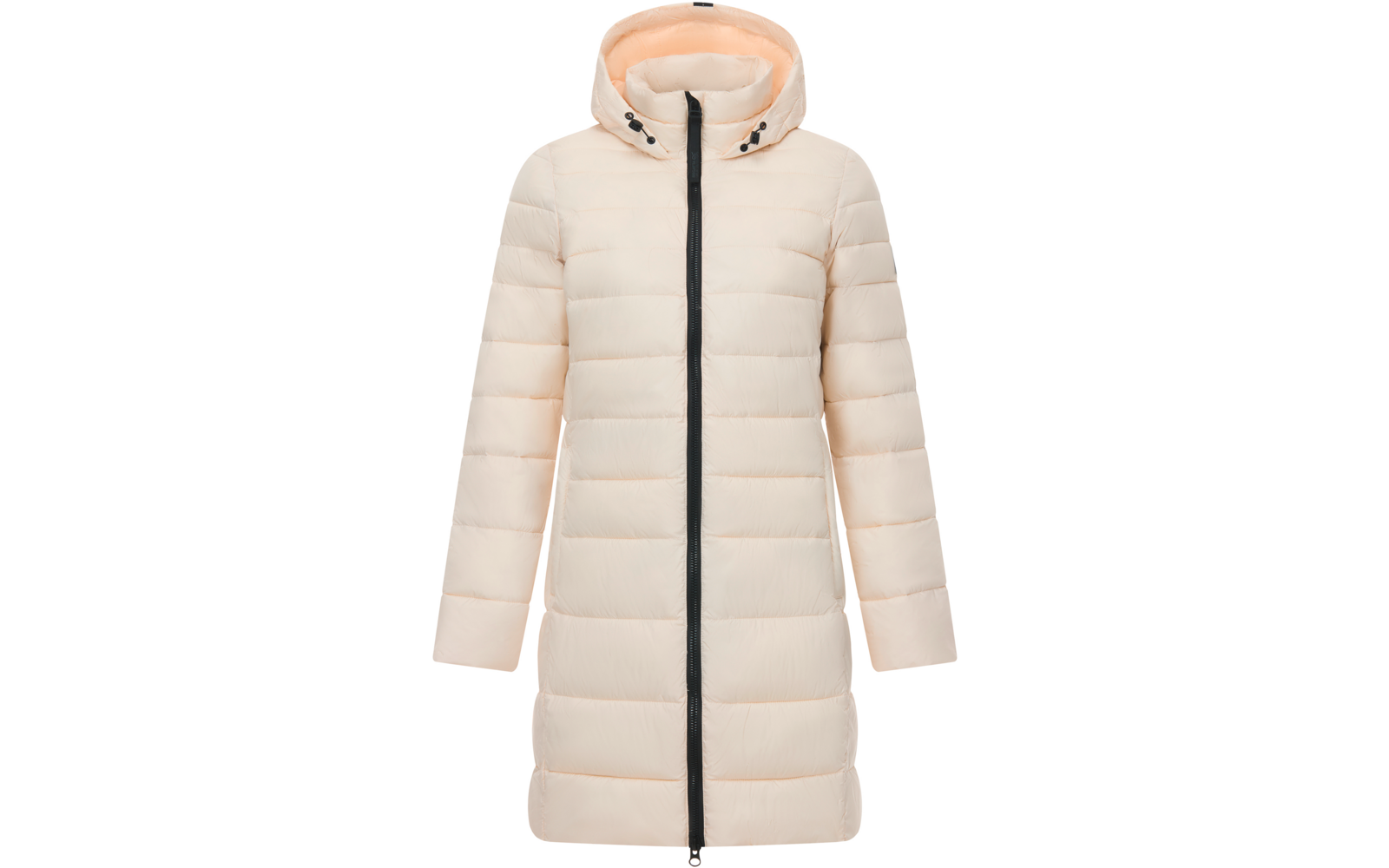 Cappotto lungo imbottito color crema chiaro con cappuccio, cuciture orizzontali e cerniera nera a tutta lunghezza