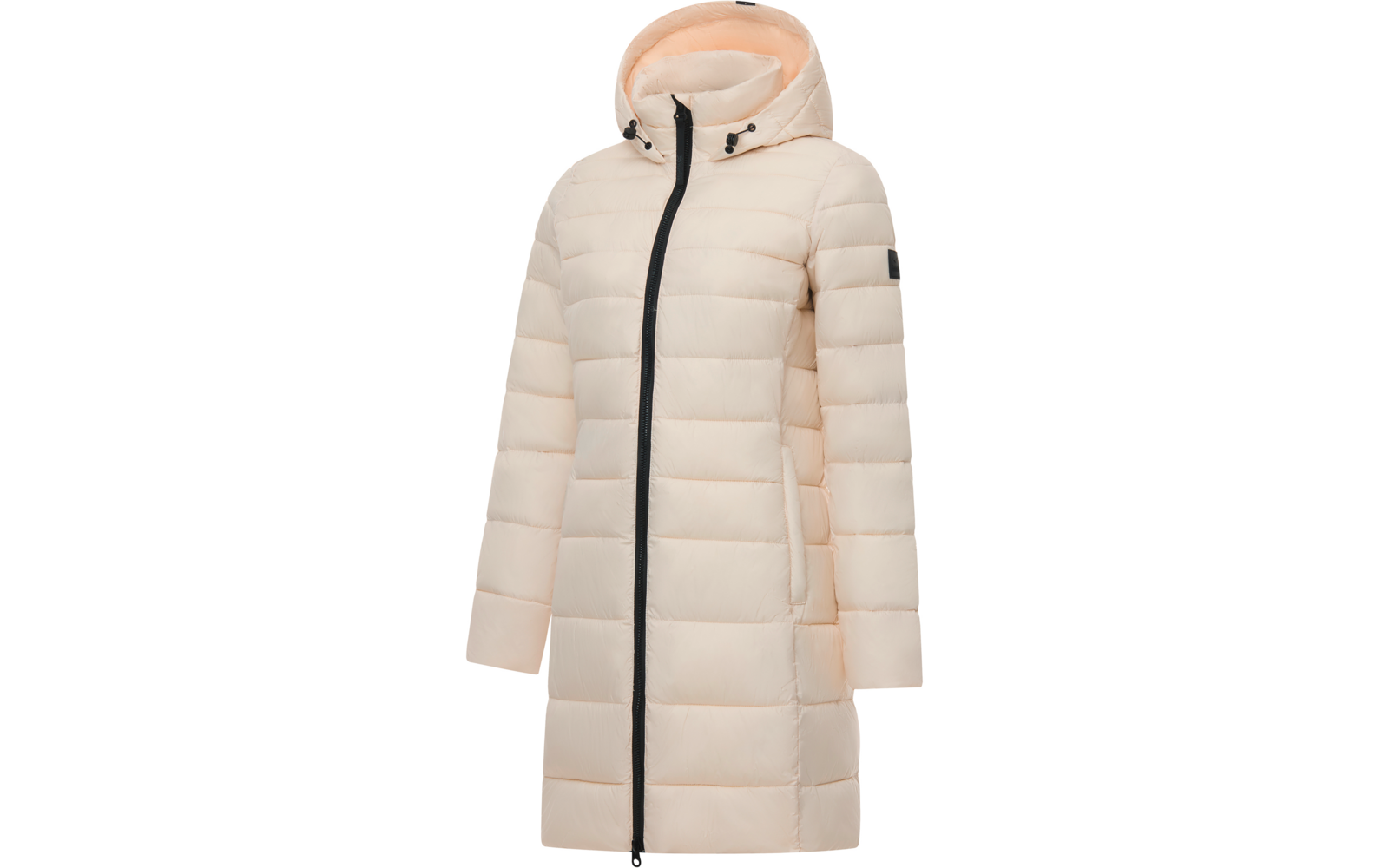 Cappotto trapuntato lungo beige chiaro con cappuccio, cerniera nera frontale, tasche laterali, toppa nera sulla manica