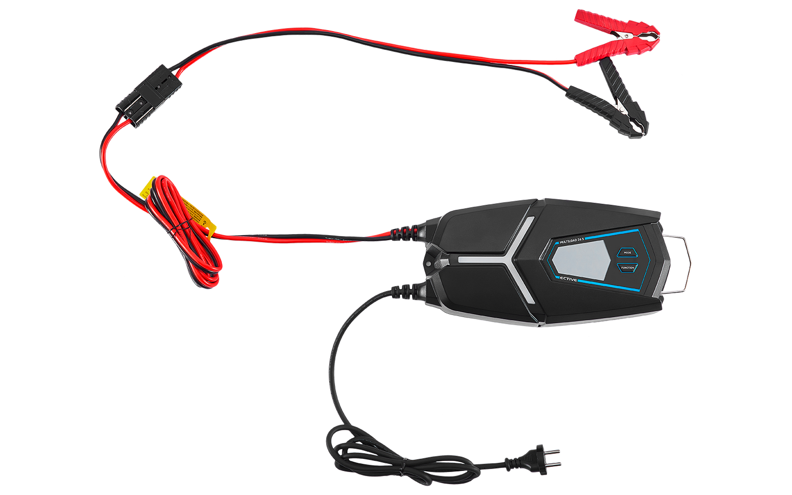 Schwarzes Ladegerät mit blauem Paneel, angeschlossenen roten und schwarzen Polzangen und schwarzem Netzkabel mit Stecker