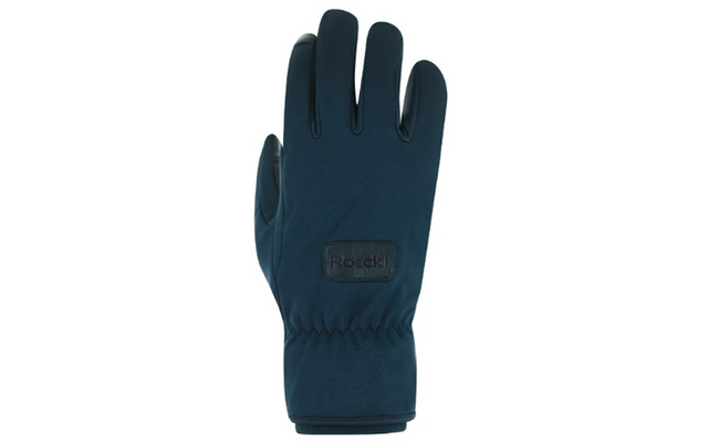 Dunkelblauer Handschuh mit Gummizug am Handgelenk und kleinem eckigem Label auf dem Handrücken