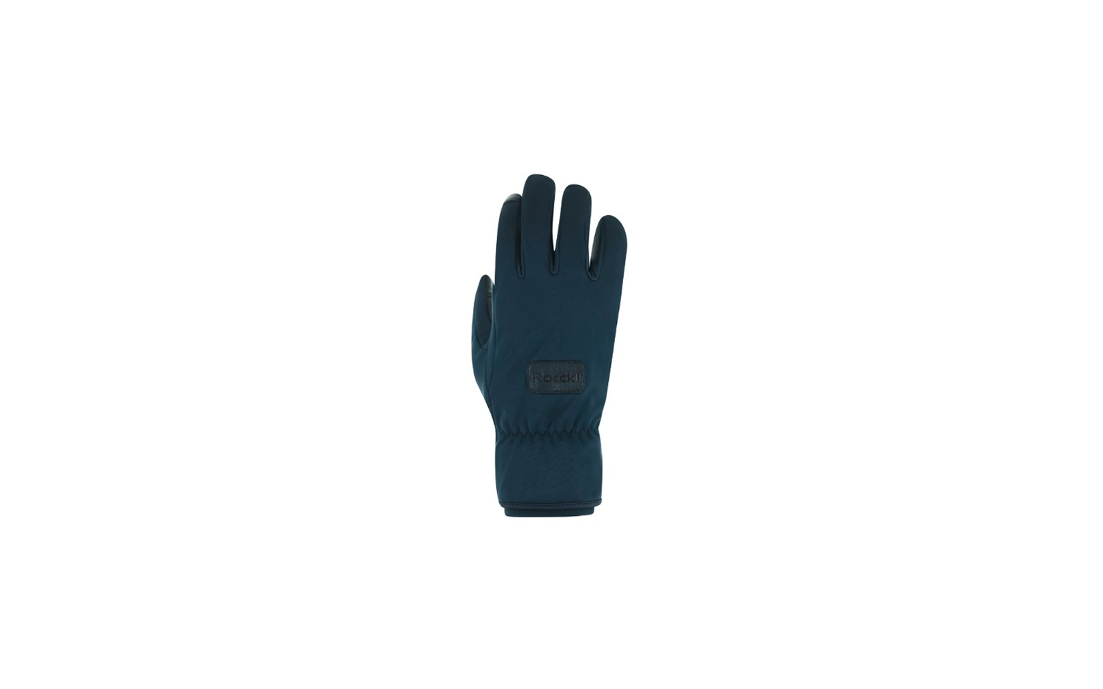 Dunkelblauer Handschuh mit Gummizug am Handgelenk und kleinem eckigem Label auf dem Handrücken