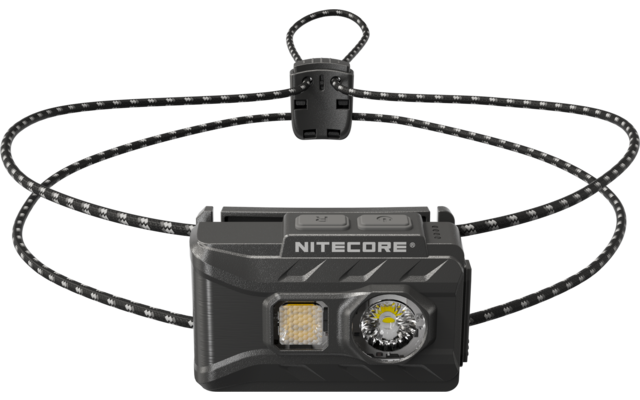 Black rectangular headlamp with two light modules, buttons on top, adjustable cord headband with cord lock