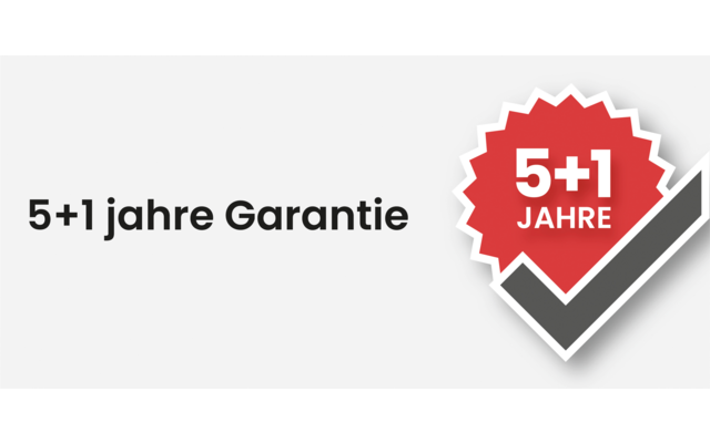 Grafik mit dem Text '5+1 Jahre Garantie' und einem rot-weißen Zeichen mit einem Haken