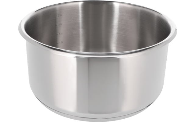 Edelstahltopf mit breitem Rand auf weißem Hintergrund