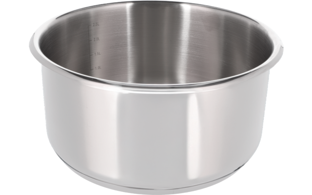 Olla de acero inoxidable con borde ancho sobre fondo blanco