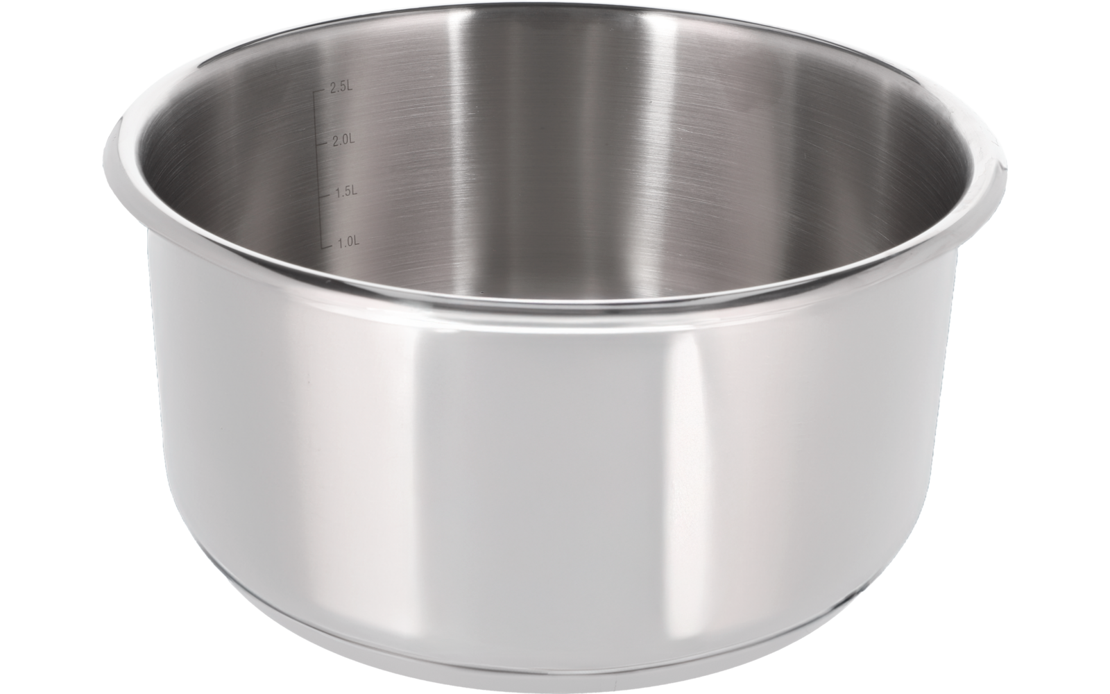 Olla de acero inoxidable con borde ancho sobre fondo blanco