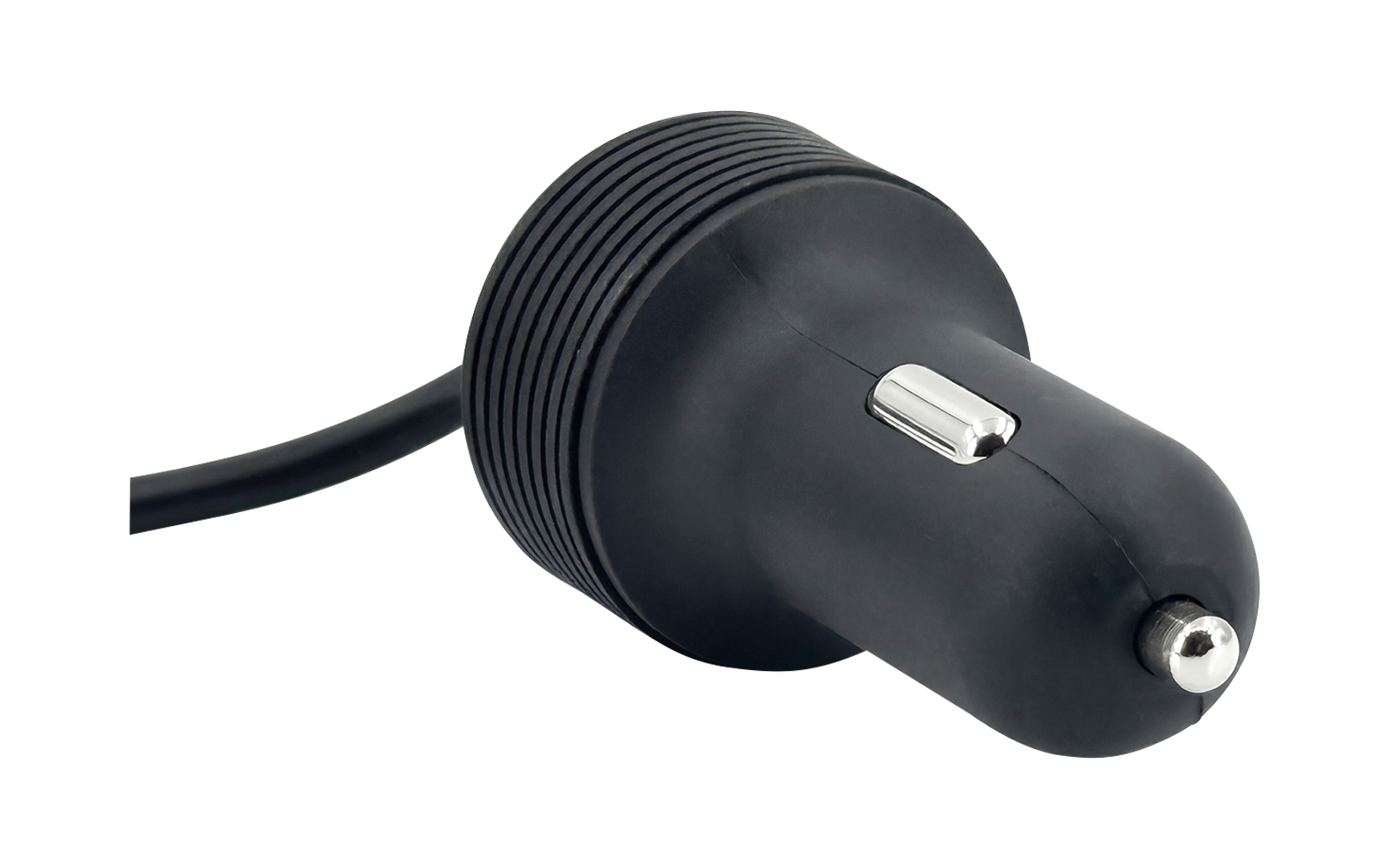 Schwarzer Kfz-Stecker mit Metallspitze und Kabel auf weißem Hintergrund