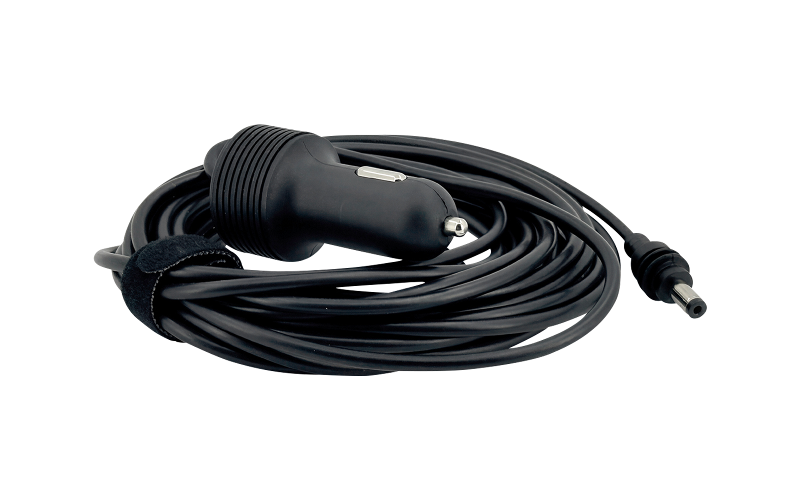 Schwarzer Zigarettenanzünderstecker mit langem aufgerolltem Kabel und Klettband