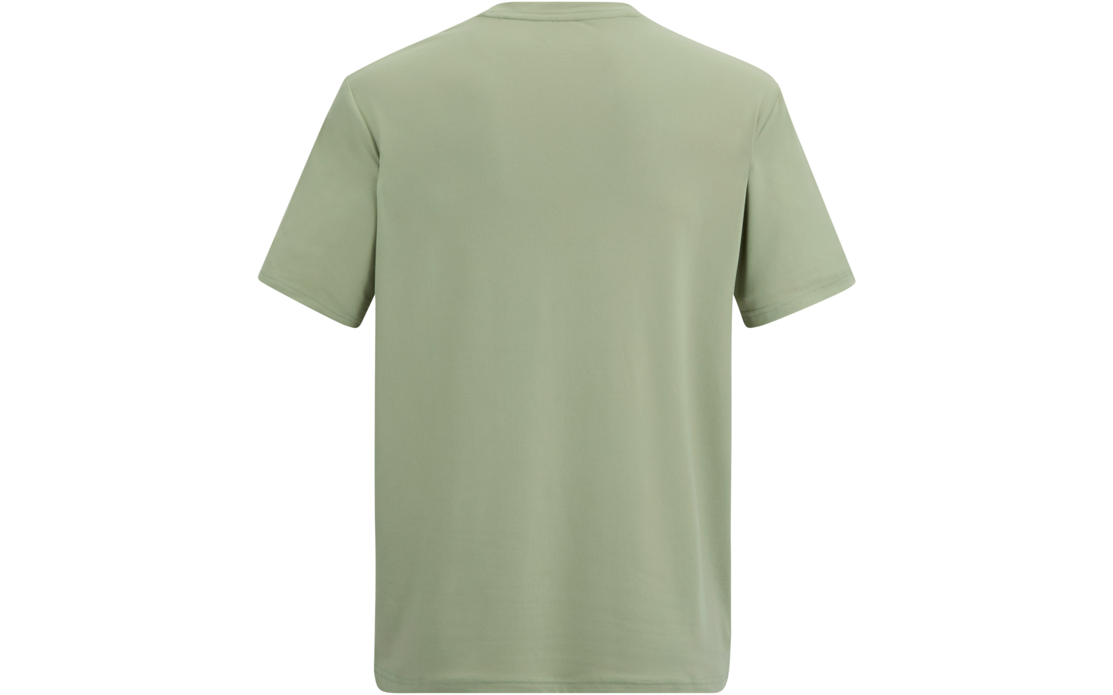 Rückansicht eines einfarbigen hellgrünen T-Shirts mit Rundhals und kurzen Ärmeln vor weißem Hintergrund