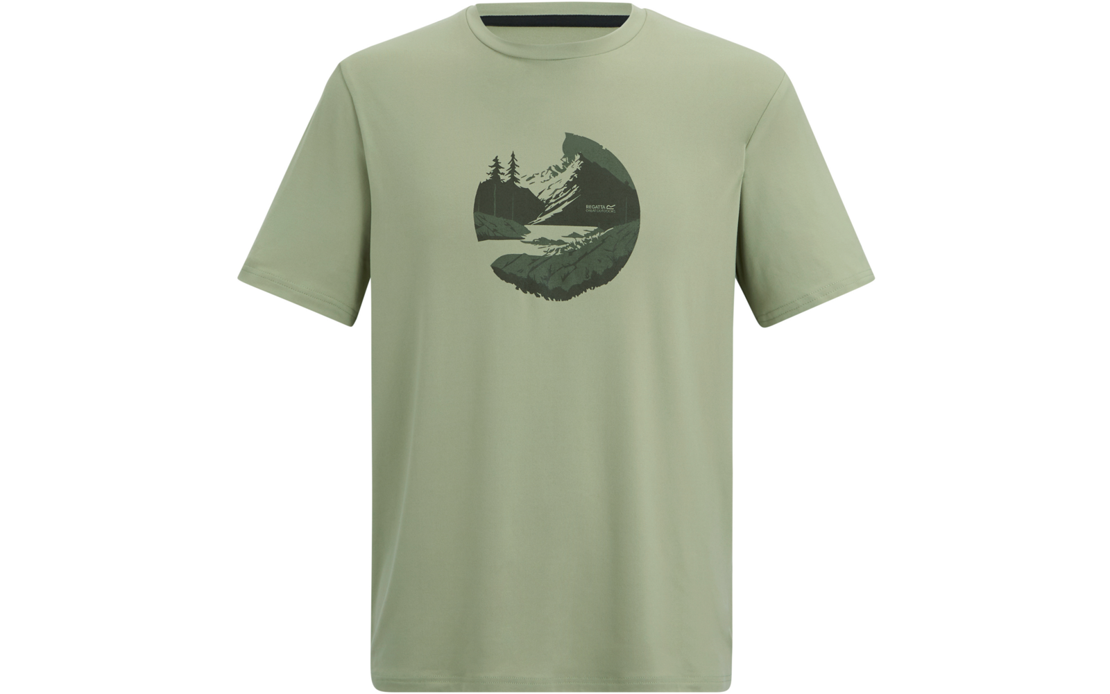 Hellgrünes T‑Shirt mit rundem dunklem Druck auf der Brust, Berge, Bäume und Fluss