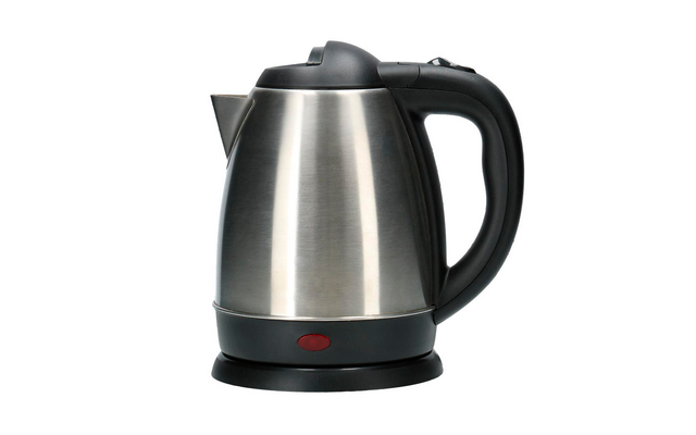 Electric stainless steel kettle on a black base