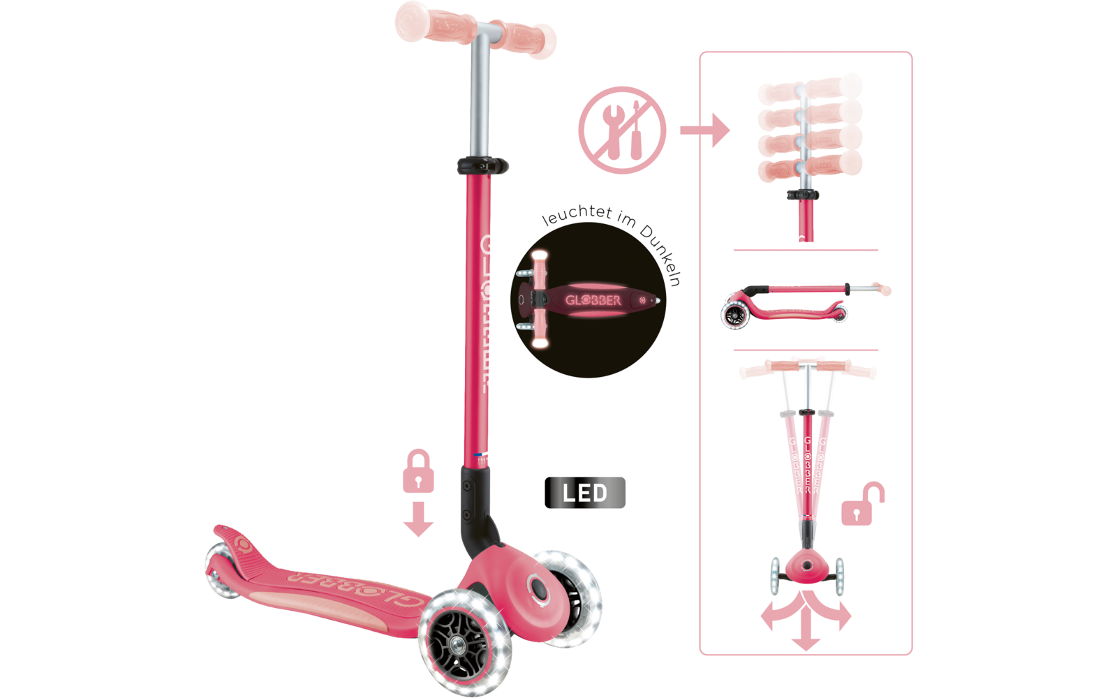 Produktbild Globber Elite Lights Glow Dreirad Scooter h&ouml;henverstellbar mit LED Leuchtrollen 1
