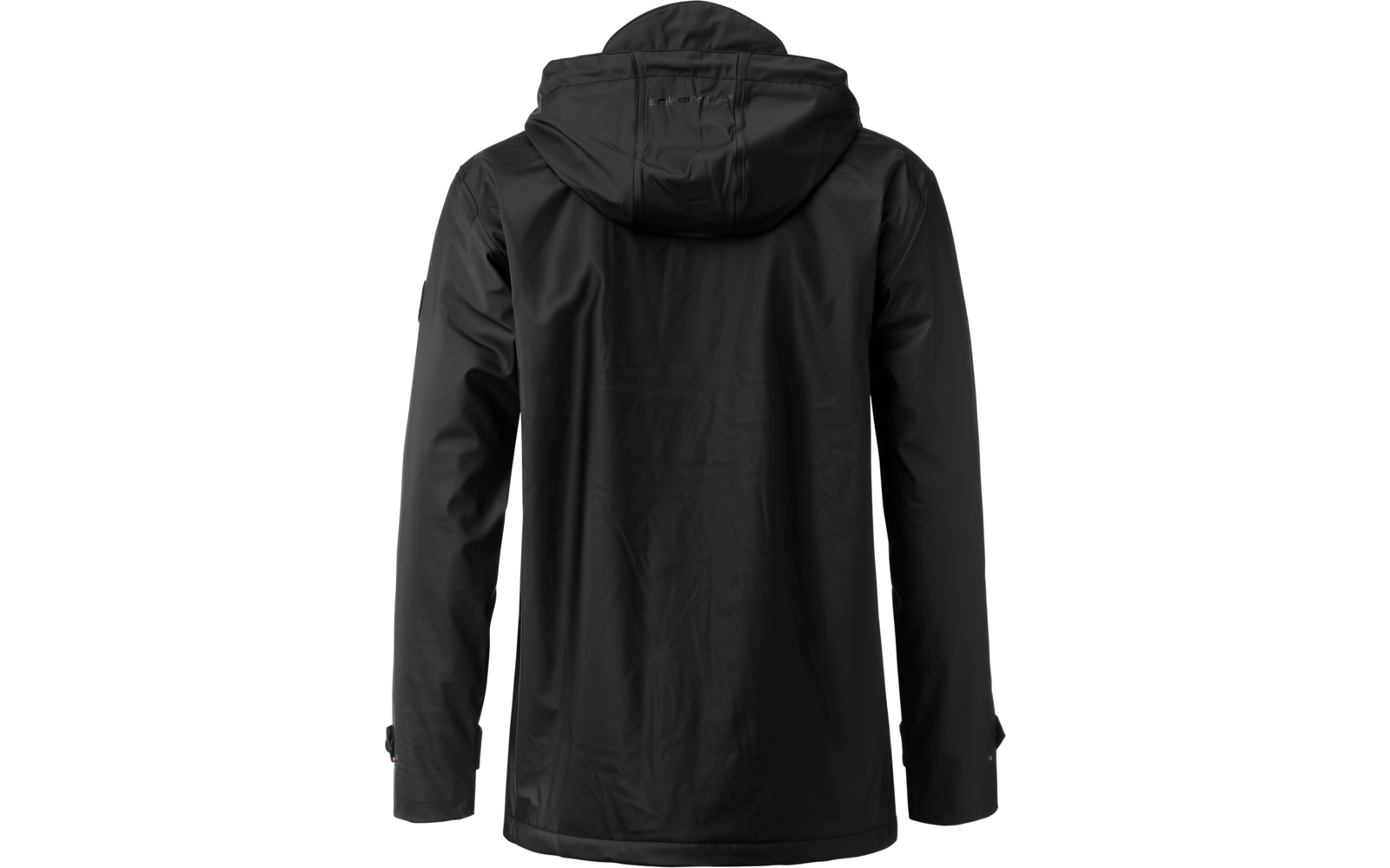 Schwarze Regenjacke mit Kapuze von hinten
