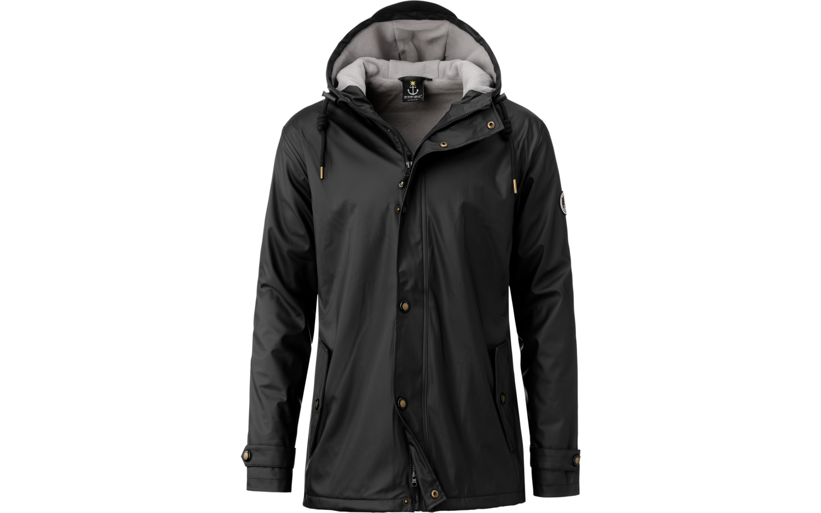 Schwarze Regenjacke mit Kapuze, Fronttaschen und Reißverschluss