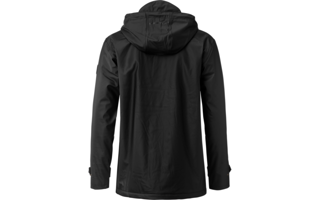 Schwarze Regenjacke mit Kapuze von hinten