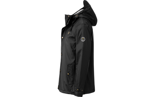 Schwarze wasserdichte Jacke mit Kapuze, seitlich geknöpft