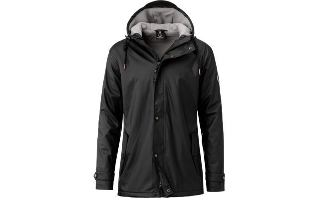 Schwarze Regenjacke mit Kapuze, Fronttaschen und Reißverschluss